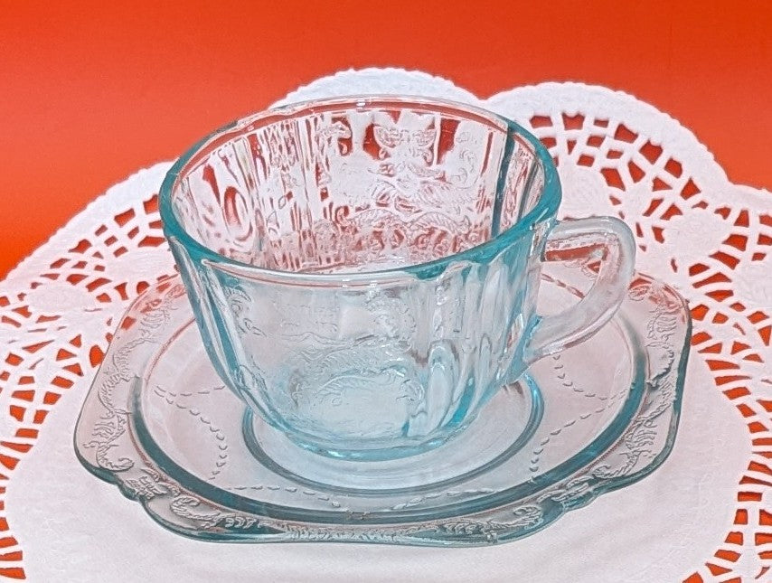 Vintage Indiana Federal Glass Teal Madrid Recollection Teacup and Saucer