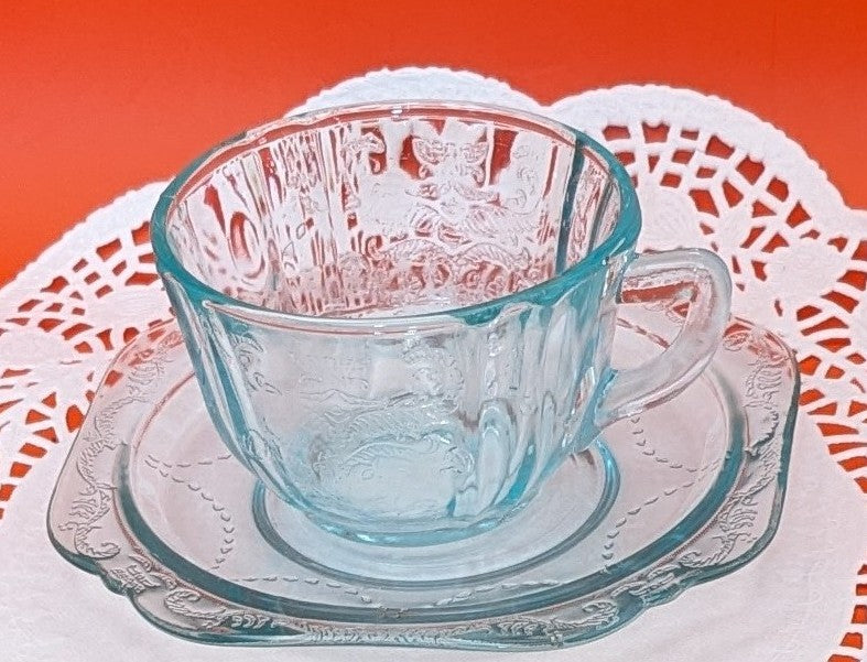 Vintage Indiana Federal Glass Teal Madrid Recollection Teacup and Saucer