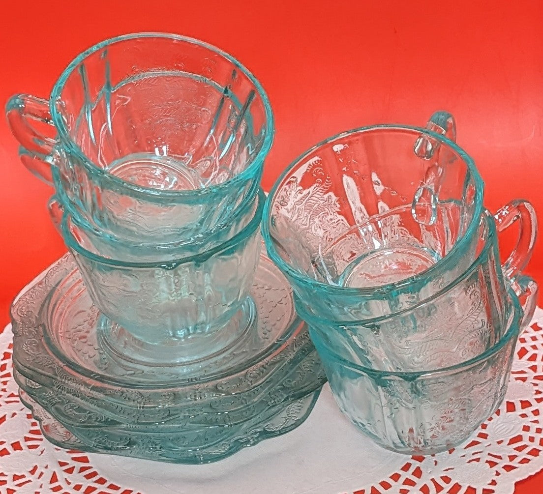 Vintage Indiana Federal Glass Teal Madrid Recollection Teacup and Saucer