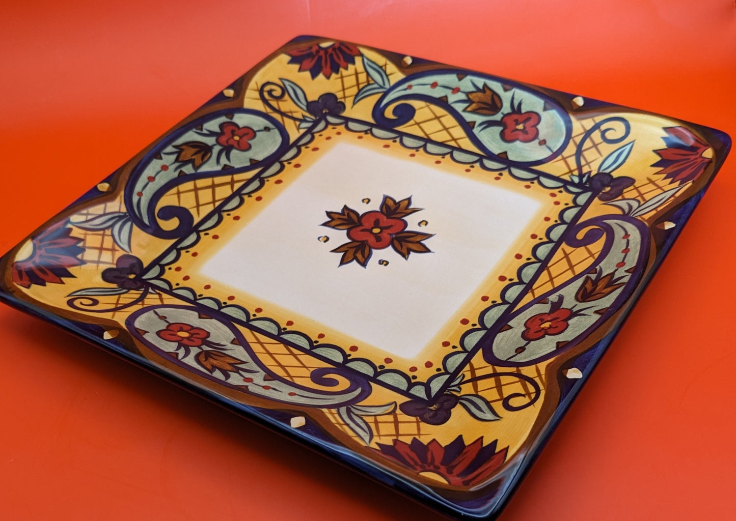 Crown Jewel by Corsica. Hand-Painted Square Ceramic Salad Plate.