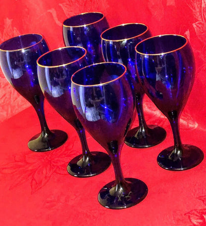 Vintage Libbey 2pc Cobalt Blue Gold Rimmed Wine/Water Goblet