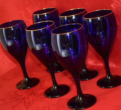 Vintage Libbey 2pc Cobalt Blue Gold Rimmed Wine/Water Goblet