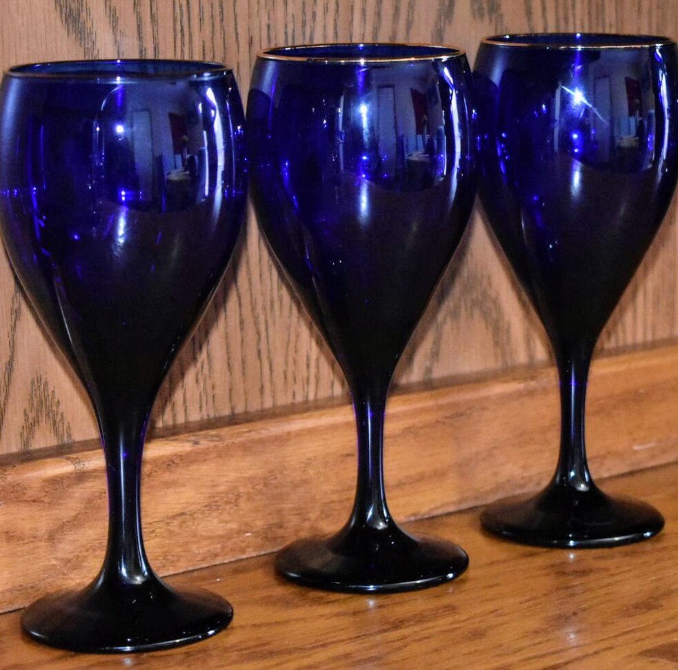 Vintage Libbey 2pc Cobalt Blue Gold Rimmed Wine/Water Goblet