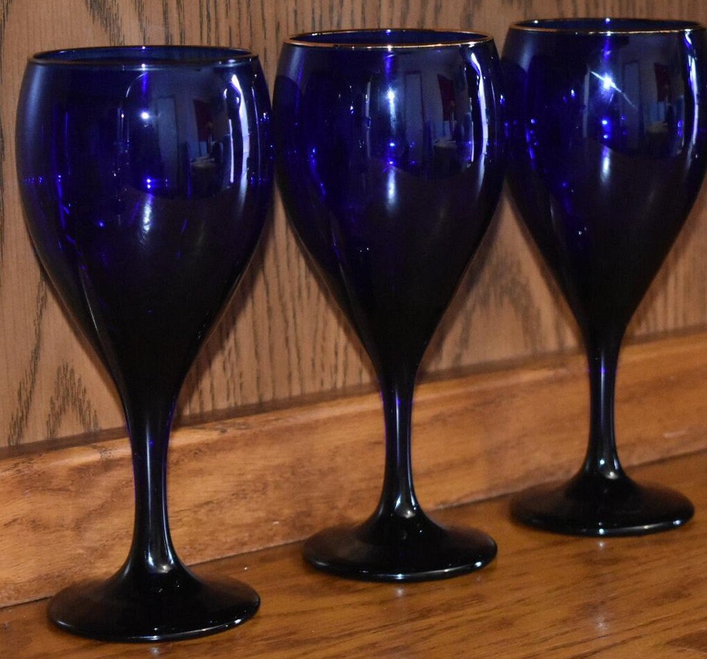 Vintage Libbey 2pc Cobalt Blue Gold Rimmed Wine/Water Goblet